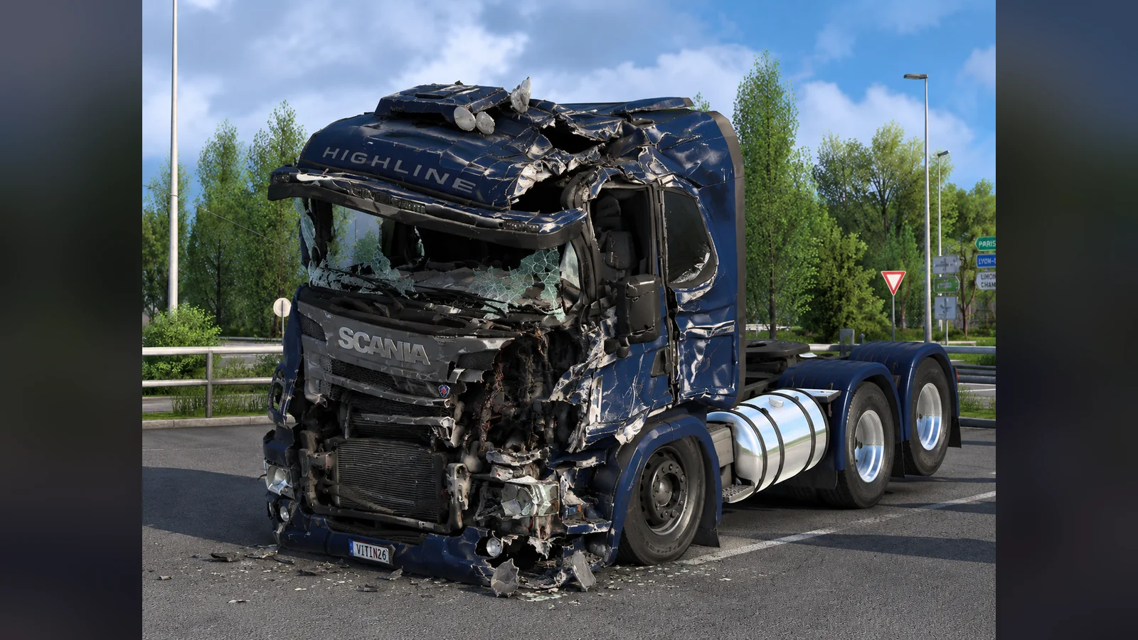 Official Scania Highline after heavy visual collision damage in Euro Truck Simulator 2